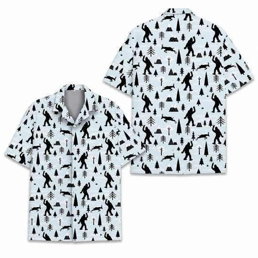 Bigfoot Sasquatch Pine Tree Snow Forest Hawaiian Shirt S-5XL