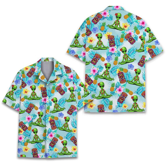 Funny Alien Pineapple Tiki Summer Beach Hawaiian Shirt S-5XL