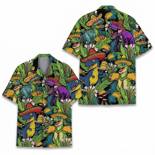 Funny Dinosaur T-Rex Taco Sombrero Hawaiian Shirt S-5XL