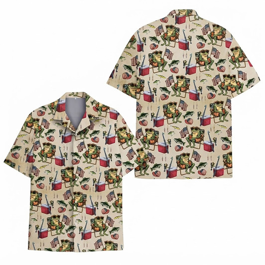 Funny Frog Fishing Patriotic 4th of July Hawaiian Shirt S-5XL