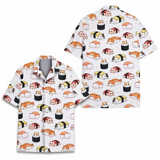 Funny Kawaii Cat Japanese Sushi Summer Hawaiian Shirt S-5XL