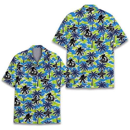 Retro Bigfoot Surfing Tropical Palm Tree Hawaiian Shirt S-5XL