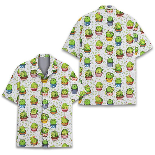 Cute Cactus Cat Plant Lover Summer Hawaiian Shirt S-5XL