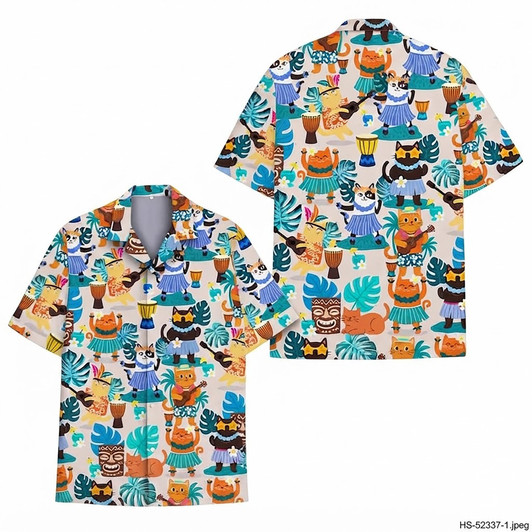 Aloha Tiki Cat Dancing Tropical Beach Hawaiian Shirt S-5XL