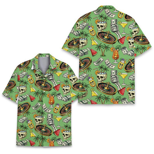 Casino Skull Money Roulette Poker Hawaiian Shirt S-5XL