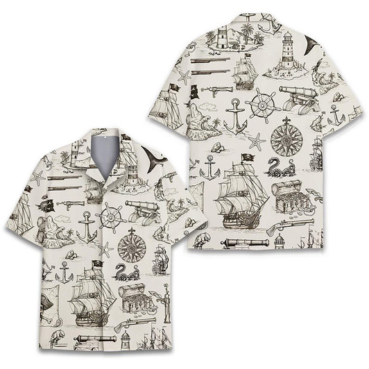 Vintage Nautical Pirate Ship Ocean Map Hawaiian Shirt S-5XL