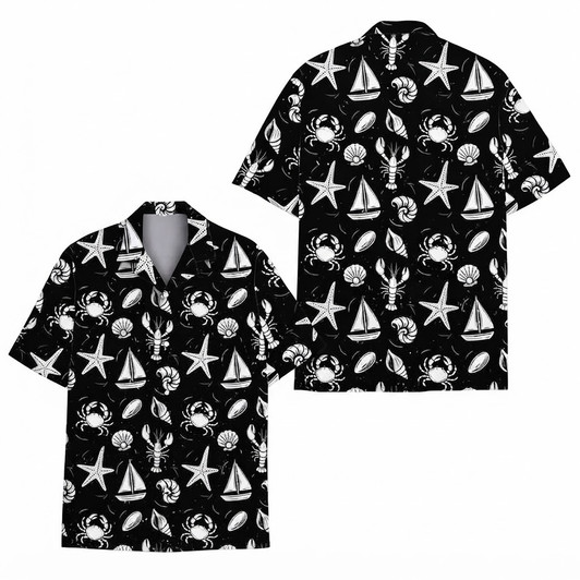 Black White Nautical Lobster Sea Life Hawaiian Shirt S-5XL