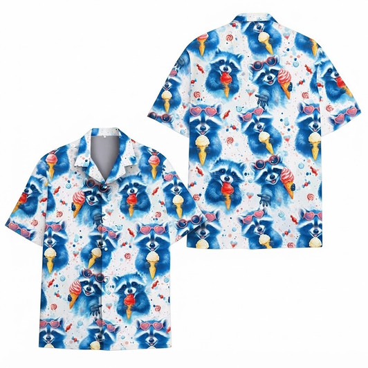 Cute Raccoon Ice Cream Tropical Summer Hawaiian Shirt S-5XL