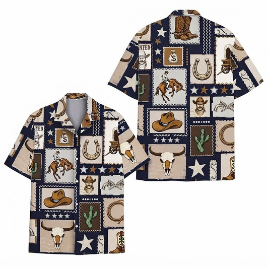Western Cowboy Rodeo Bull Skull Hawaiian Shirt S-5XL