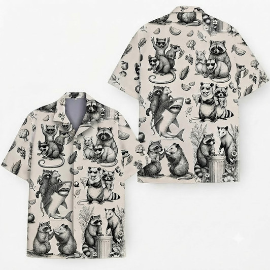 Retro Raccoon Opossum Shark Aloha Hawaiian Shirt S-5XL
