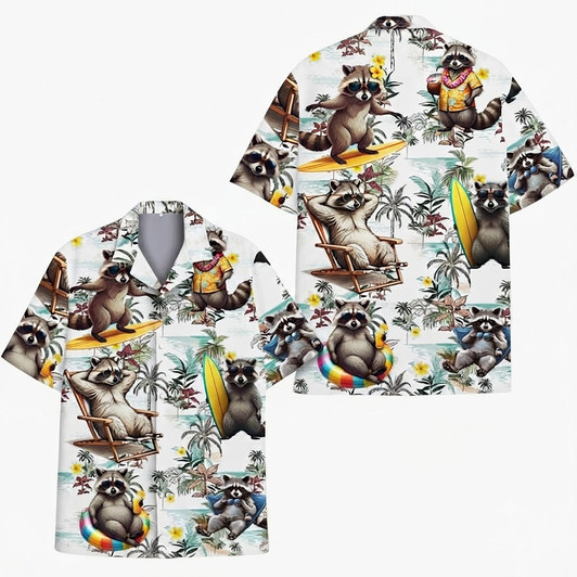Funny Raccoon Surfing Summer Hawaiian Shirt S-5XL