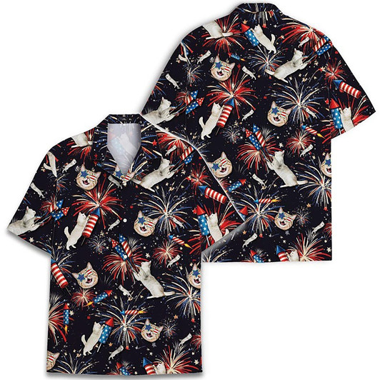 Funny Cat American Flag Fireworks Patriotic USA Hawaiian Shirt S-5XL
