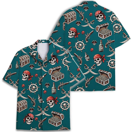 Vintage Skeleton Pirate Skull Hawaiian Shirt S-5XL