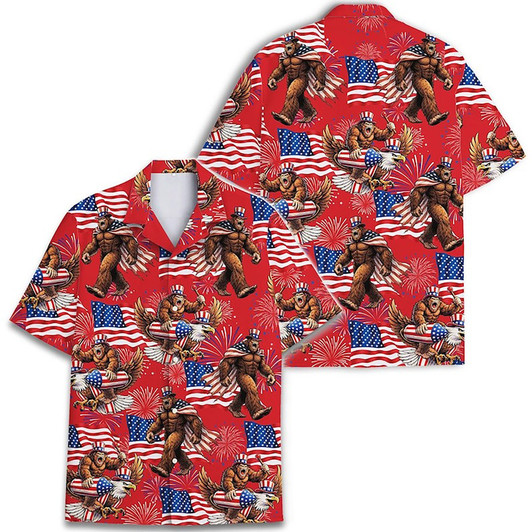 Bigfoot Firework Patriotic USA Flag Men's Polo Shirt S-5XL