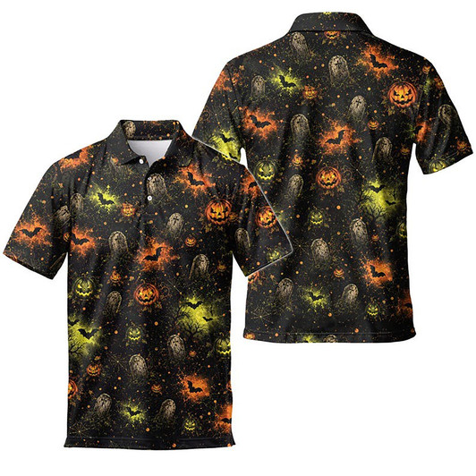 Halloween Spooky Pumpkin Bat Tombstone Men's Polo Shirt S-5XL