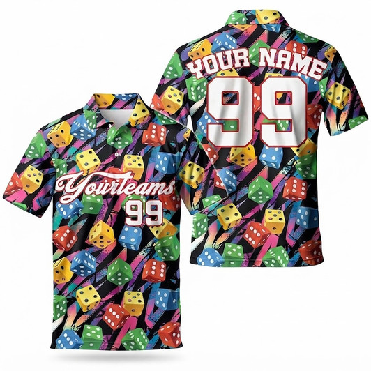 Custom Name Dice Colorful Casino Team Number Men's Polo Shirt S-5XL