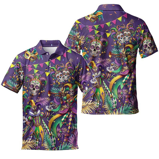 Festival Skull Mardi Gras Men's Polo Shirt S-5XL