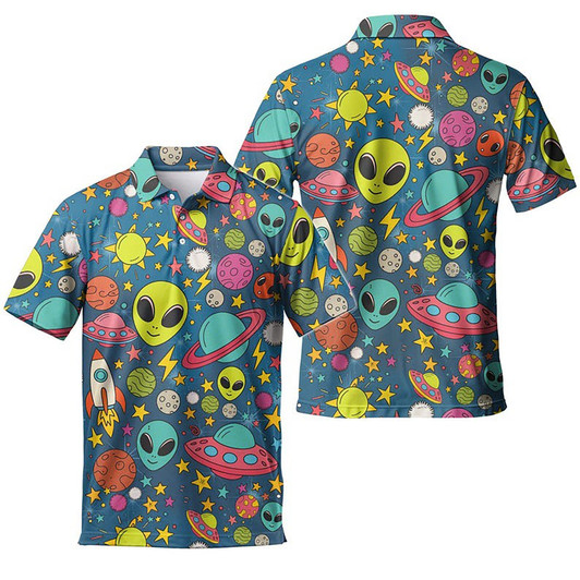 Retro Alien Planet UFO Galaxy Men's Polo Shirt S-5XL