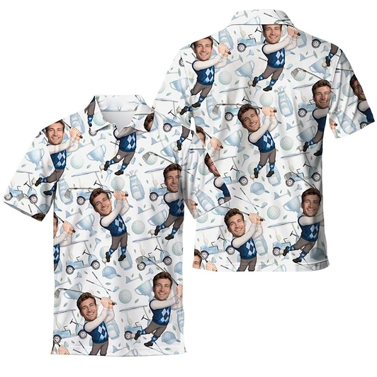 Custom Face Photo Golf Player Personalized Men's Polo Shirt S-5XL