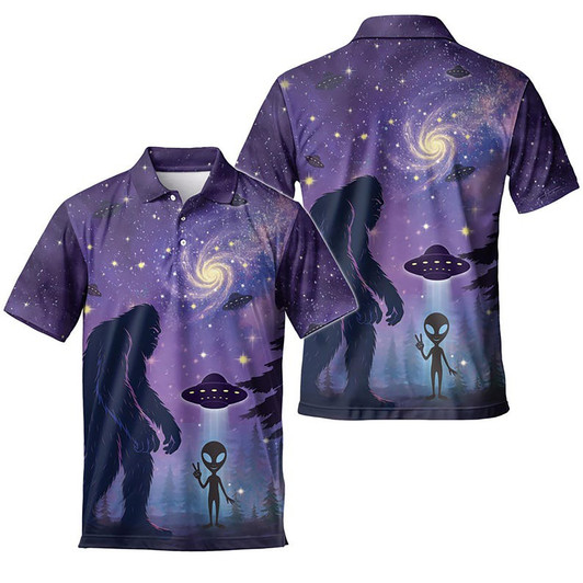 Bigfoot Alien Galaxy UFO Sasquatch Men's Polo Shirt S-5XL
