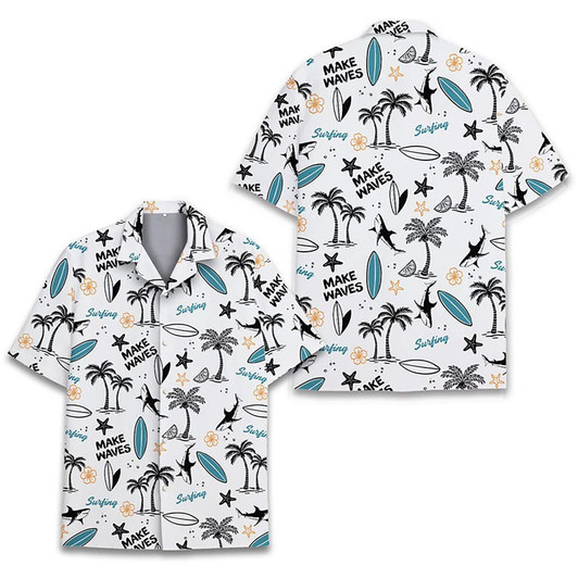 Make Waves Surfing Shark Tropical Summer Hawaiian Shirt S-5XL