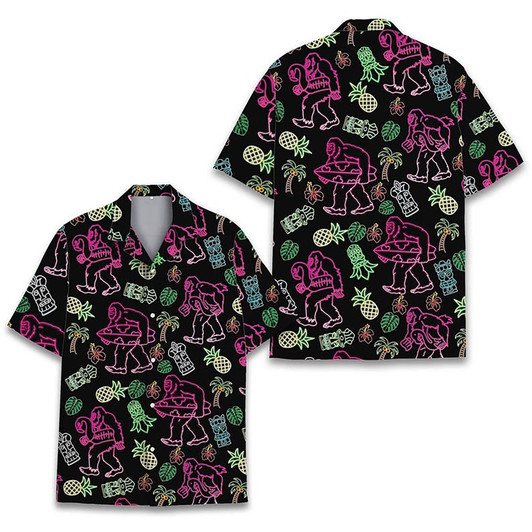 Neon Bigfoot Surfing Sasquatch Tiki Pineapple Hawaiian Shirt S-5XL