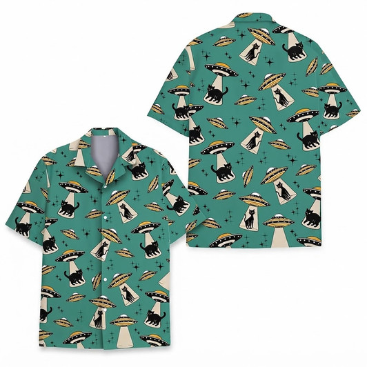 Retro Space Cat Alien UFO Vintage Galaxy Hawaiian Shirt S-5XL