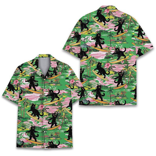 Tropical Surfing Black Cat Beach Vacation Hawaiian Shirt S-5XL