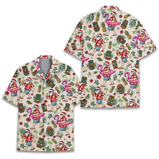 Santa Flamingo Tiki Christmas Tropical Xmas Hawaiian Shirt S-5XL