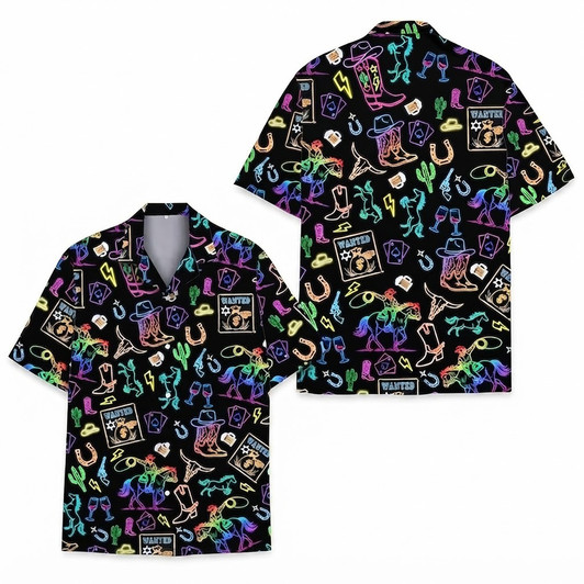 Neon Western Cowboy Rodeo Horse Cactus Hawaiian Shirt S-5XL