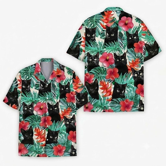 Black Cat Island Aloha Vacation Hawaiian Shirt S-5XL