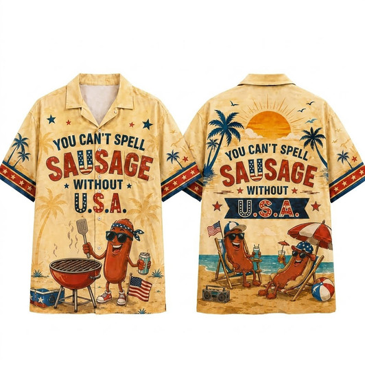 Funny USA Sausage 4th of July BBQ Hawaiian Shirt S-5XL