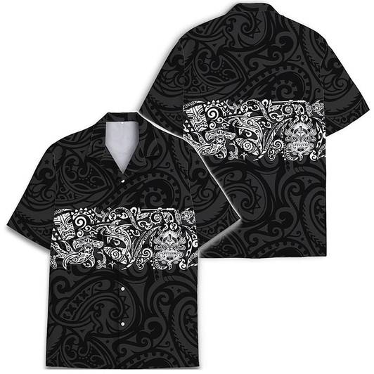 Shark Tiki Floral Boho Black Hawaiian Shirt S-5XL