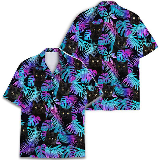 Men's Tropical Cat Aloha Summer Beach Button Down Hawaiian Shirt S-5XL