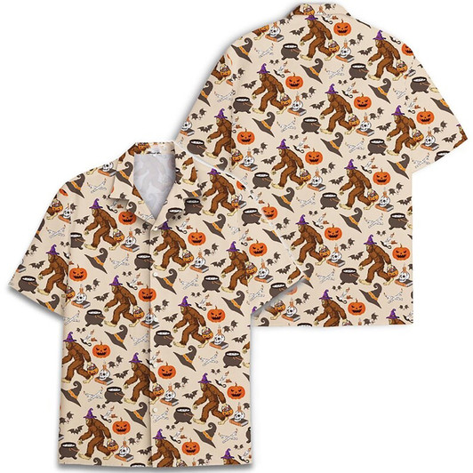Bigfoot Pumpkin Witch Skull Halloween Sasquatch Hawaiian Shirt S-5XL