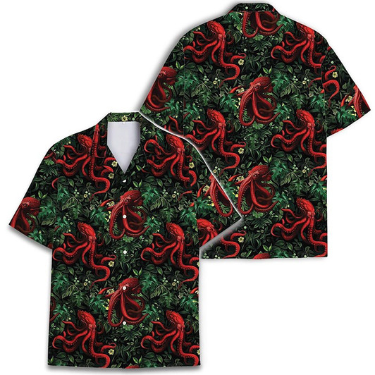 Red Octopus Vintage Tropical Aloha Button Down Hawaiian Shirt S-5XL