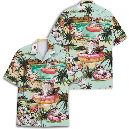 Funny Cat Beach Vacation Tropical Aloha Hawaiian Shirt S-5XL
