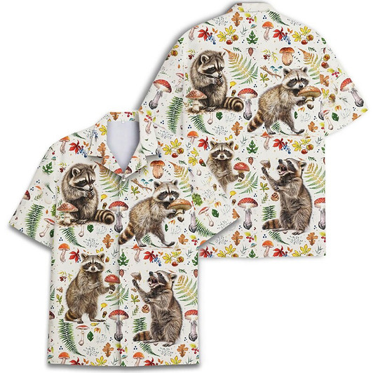 Raccoon Mushroom Funny Woodland Button Down Hawaiian Shirt S-5XL