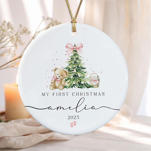 Custom Baby's Girl First Christmas Ceramic Ornament, Xmas Baby Shower Gift