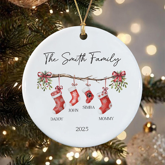 Personalized Family Name Christmas Ceramic Ornament, Stocking Ornament Keepsake