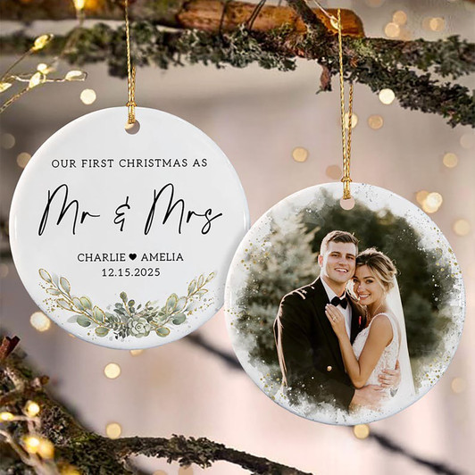 Custom First Christmas Married Mr & Mrs Photo Ceramic Ornament Keepsake