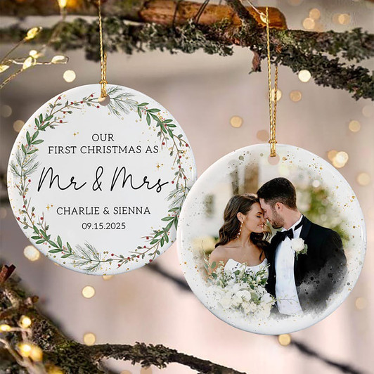 Personalized Mr & Mrs First Married Christmas Ceramic Ornament, Wedding Photo Keepsake