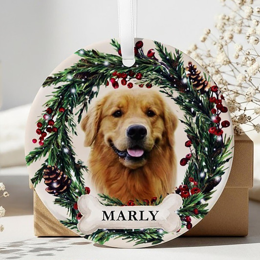 Personalized Pet Photo With Christmas Mistletoe Wreath Custom Name Ceramic Ornament