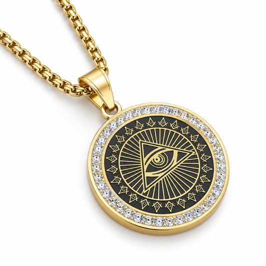 Masonic Eye of Providence Rhinestone Round Pendant Necklace