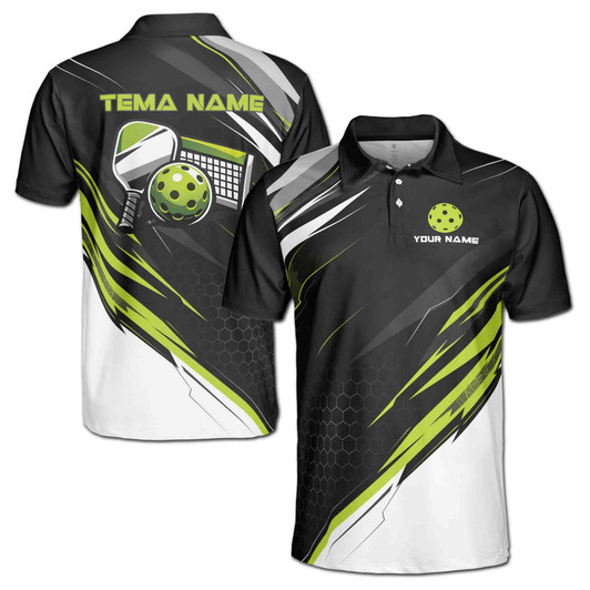 Personalized Pickleball Polo Shirt, Custom Name & Team Pickleball Jersey, Black Green Sports Design, Men's Polo Shirt S-5XL