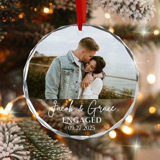 Personalized Engaged Photo Glass Ornament Christmas Gift For Newly Engaged Couple