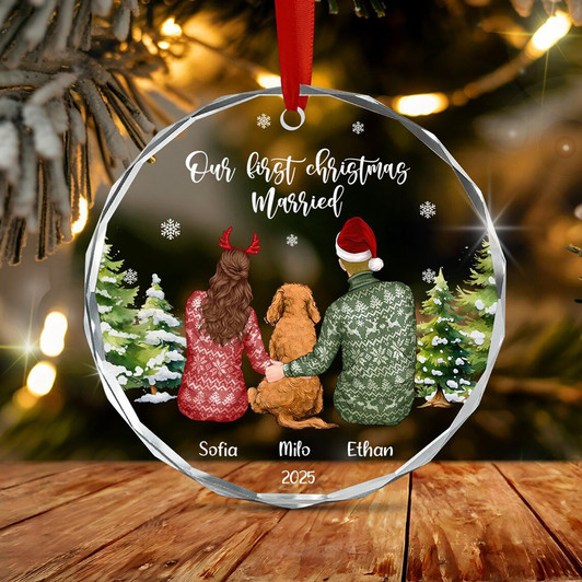 first-christmas-married-glass-ornament:-newlywed-couple-with-dog-keepsake-2