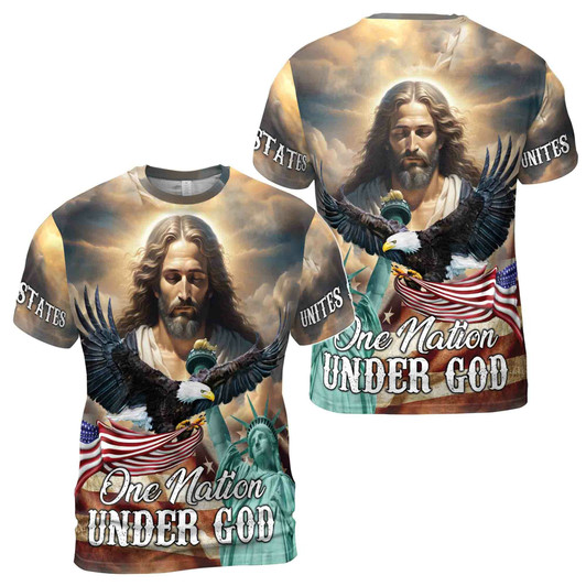 Jesus Aurole One Nation Under God America Statue of Liberty Men's T-shirt S-5XL