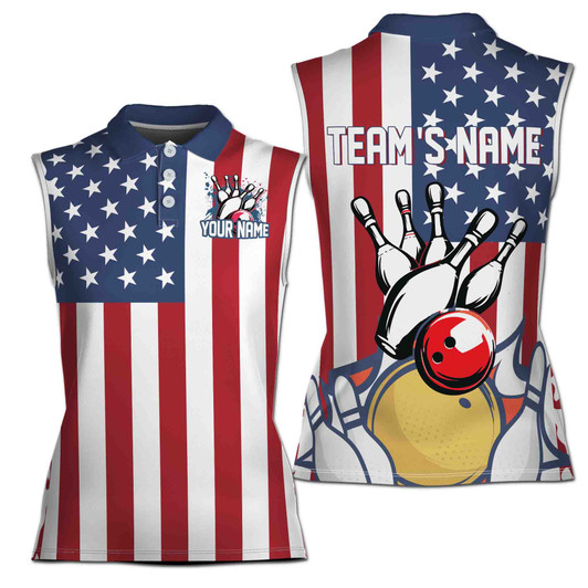 Custom Name, Team Name Bowling Ball American Flag Women Sleeveless Polo XS-4XL