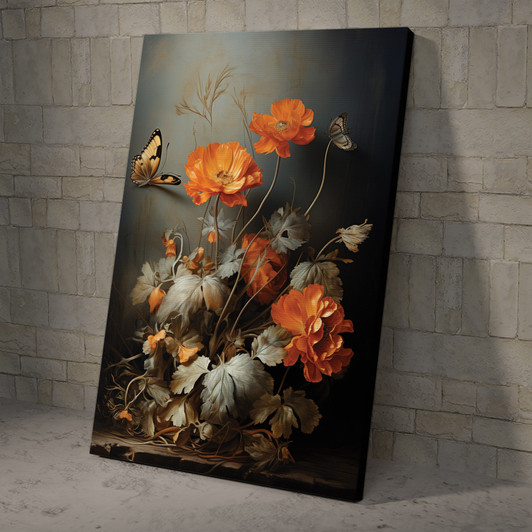 Flowers And A Butterfly Laying On The Ground Poster And Canvas